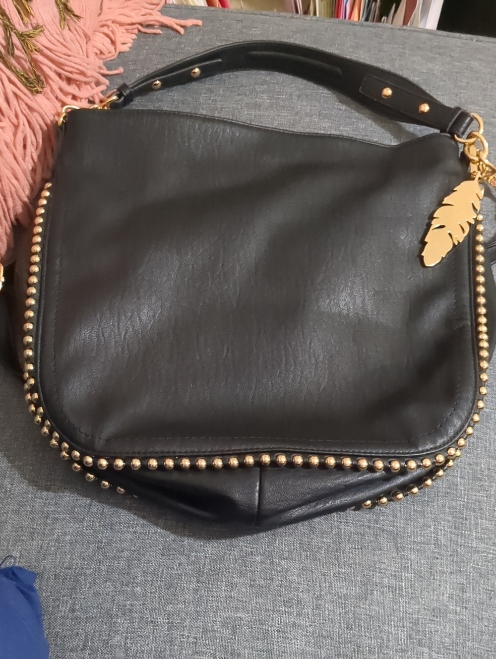 Jessica Simpson Black Shoulder Bag with Gold Studs and Feather Charm